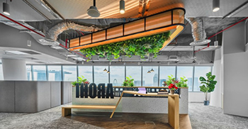 办公室室内装修：混凝土天花板的暴露营造出强烈的自然主义、深度和高度感